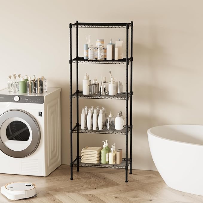 5 Tier Shelving Unit, 176 LBS Per Shelf Height Adjustable Narrow Storage Shelves, Heavy Duty Metal Garage Metal Shelves for Kitchen, Restaurant, Pantry, Laundry, 23"x 13.4"x 59", Black