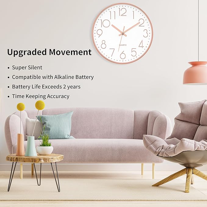Foxtop Modern Wall Clock 12 Inch Non-Ticking Silent Battery Operated Round Quartz Rose Gold Wall Clock for Office Bedroom Living Room Kitchen Home School Decor