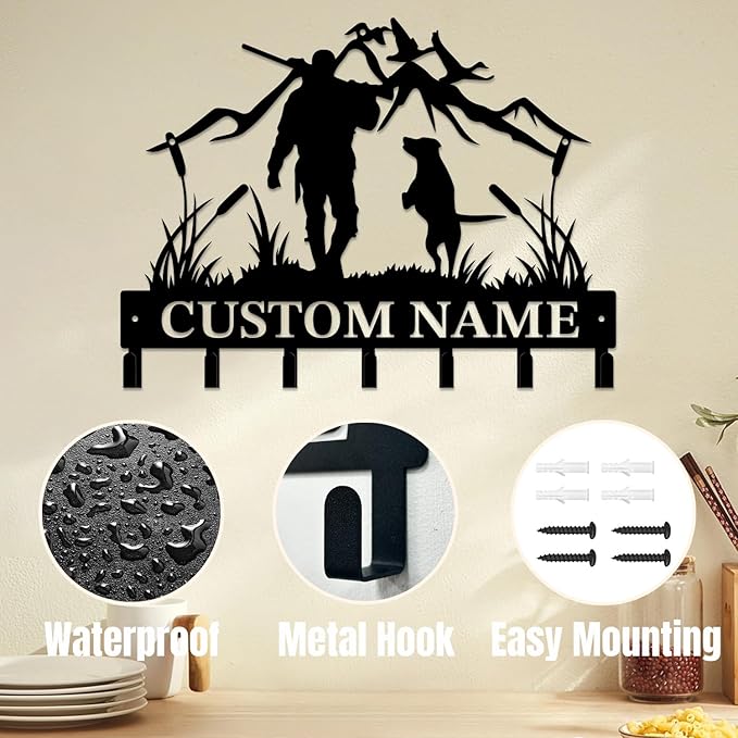 Personalized Custom Name Hunting Deer Wall Key Hooks,Metal Hunting Art Clothes Hooks,Metal Hunting Wall Home Storage Decorative,Hunter For Front Door, Hallway, Kitchen, Bedroom,Keys,Hats (Style B)