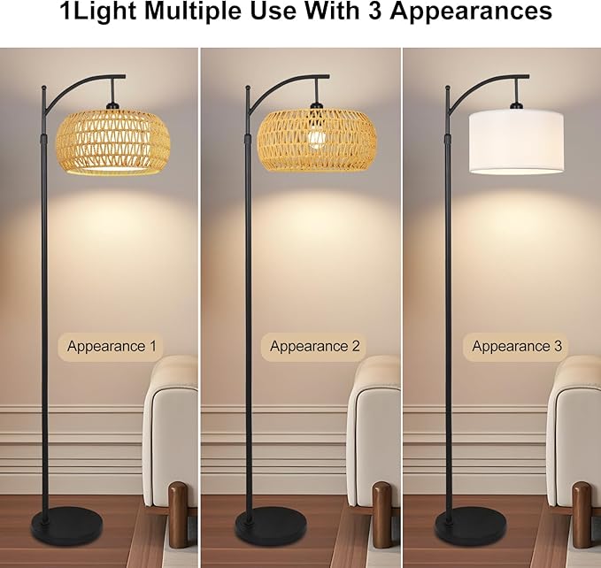 Arc Floor Lamps for Living Room Rattan Boho Floor Lamp with Remote Control,Dimmable LED Floor Lamps Black Standing Lamp with 3 Color Temperature Tall Floor Lamp for Bedroom Corner