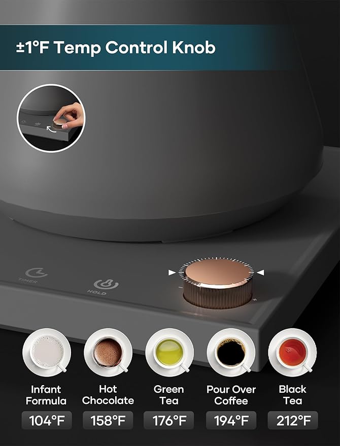 Electric Kettles, Gooseneck Electric Kettle, ±1℉ Temperature Control, Stainless Steel Inner, Quick Heating, for Pour Over Coffee, Brew Tea, Boil Hot Water, 0.9L Dark Grey