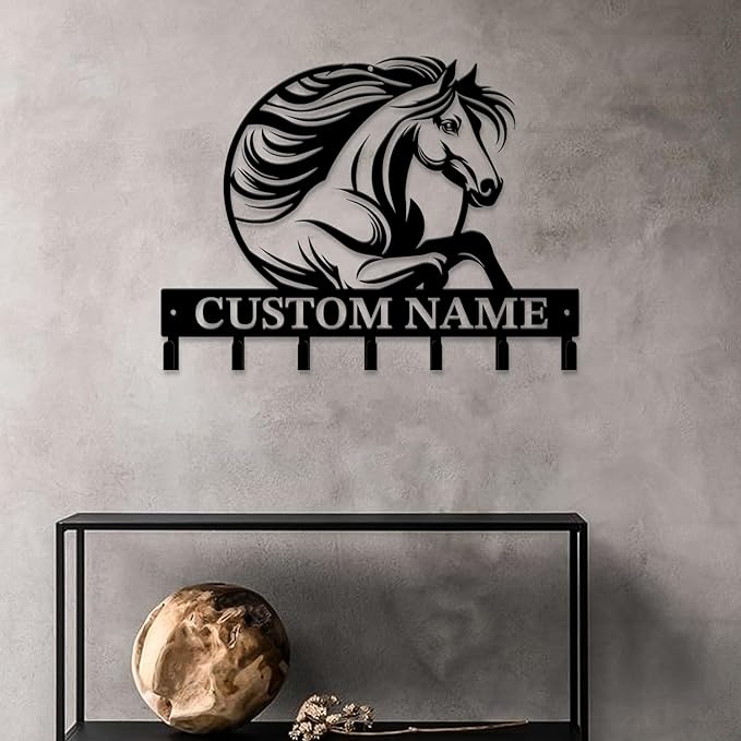 Personalized Custom Name Farm Horse Wall Key Hooks,Metal Horse Art Clothes Hooks,Metal Horse Wall Home Storage Decorative,For Front Door, Hallway, Kitchen, Bedroom,Keys,Hats (Style J)