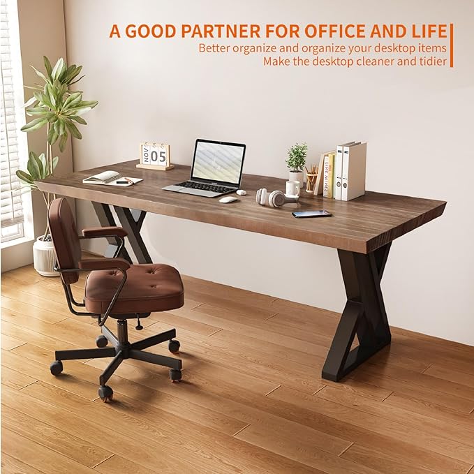 Solid Wood and Metal Modern Industrial 55 inch Wide Home Office Desk, Writing Table, Workstation, Perfect Table for Your workspace Study Table Furniture in Rustic Natural Aged Brown