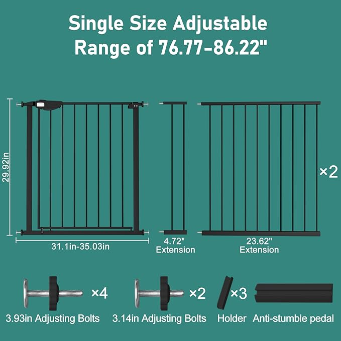ALLAIBB Triple Lock Extra Wide Baby Gate Pressure Mounted Walk Through Safe Auto Close Black Metal Dog Pet Puppy Cat for Stairs,Doorways,Kitchen 76.77-86.22"