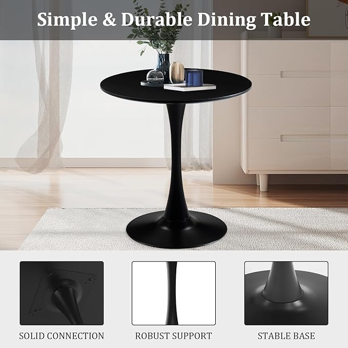 27.5" Small Round Dining Table, Modern Tulip Style Table for 1-2 People, Space-Saving Table for Dining Room, Kitchen, or Cafe, Black Pedestal Base