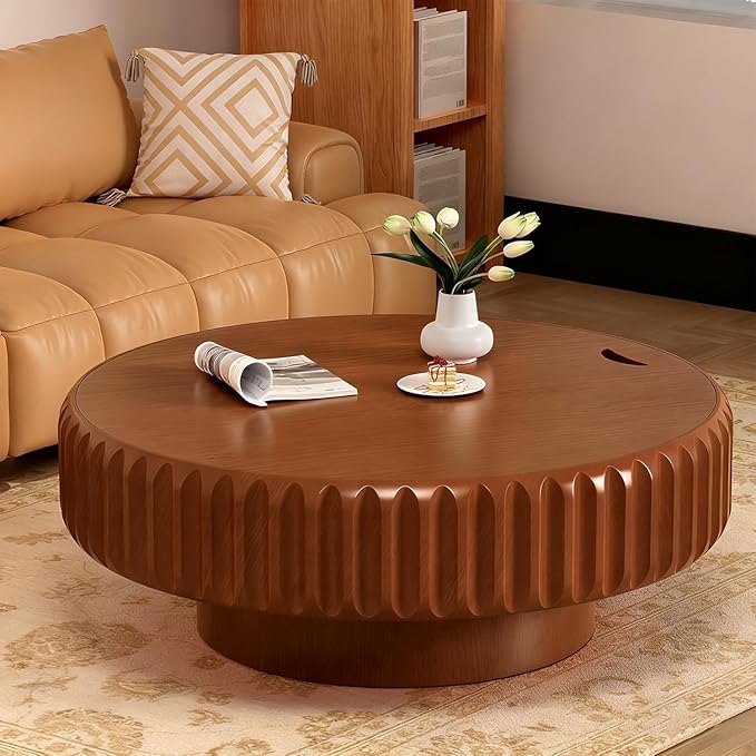 Round Drum Coffee Table White Fluted Coffee Table Circle Center Table Pedestal End Table for Apartment (Brown 39.4)