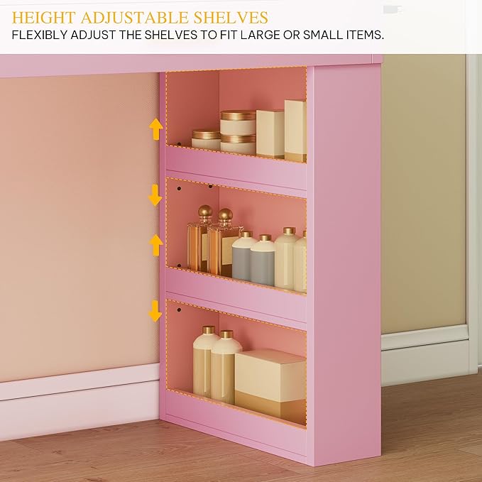 DWVO Makeup Vanity with LED Mirror, 40" Big Vanity Makeup Table with 4 Drawers and 7 Open Storage Shelves, Built-in Power Outlets & Hairdryer Holder, Pink