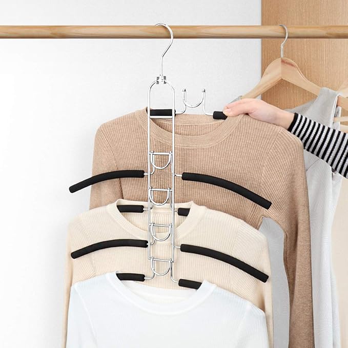Space Saving Clothes Hangers, Multilayer Metal Hanger 4 Pack 5 in 1 Space Saver Coat Hangers, Anti-Slip Foam Padded Shirt Suit Hanger for Closet Storage Organizer