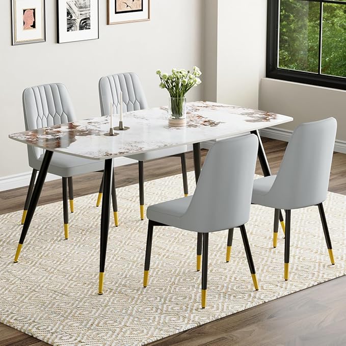 Modern Dining Table Set for 4, 62'' Sintered Stone Dining Table Set for 4, 4 Chair Kitchen Table Set, Easy to Assemble