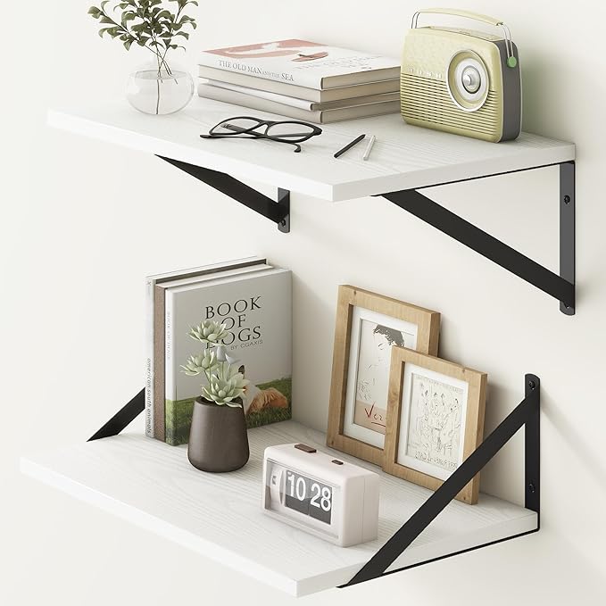 Fun Memories White Floating Shelves 18 Inch Long, Rustic Floating Shelf with Brackets, 12 Inch Deep Wall Shelves, White Bathroom Shelves, 18 x 12 Storage Shelf for Kitchen, Living Room, Set of 2