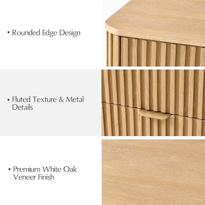 Fluted Nightstand with 3 Drawers, Modern End Table with Charging Station, USB Type-C Ports & Metal Frame for Bedroom,Natural