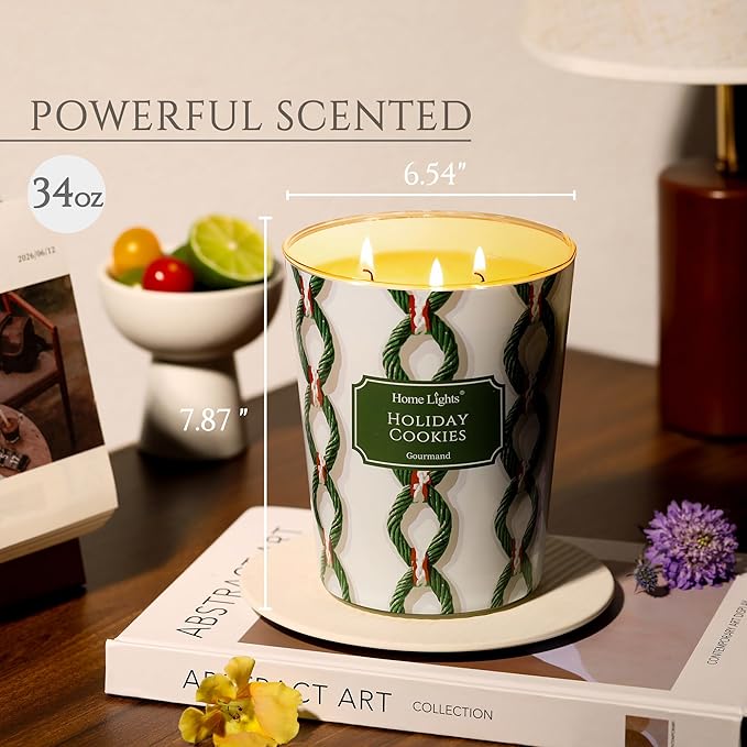 HomeLights Holiday Cookies Scented Candles | 34oz Soy Candles Rustic Modern 3-Wick Large Candle Jars | Ideal Candle Gifts for Events, Home Decor Stress, Relief & Relaxation