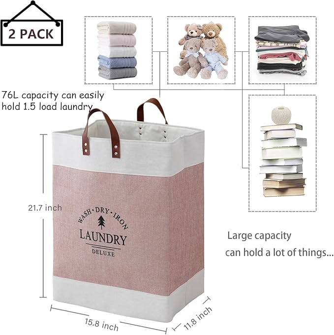 COMFY HOMI 2Pack 76L Laundry Basket & Hamper, Large Collapsible Waterproof Clothes Baskets with Handles, Freestanding Laundry Hampers for Bedroom Bathroom Dorm - 15.8x11.8x21.7 Inch - White/Pink