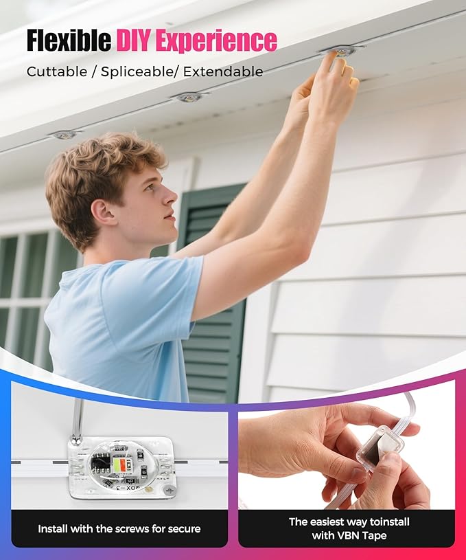 POOFZY Permanent Outdoor Lights for House,100ft RGB+IC Smart Outdoor Decor, 50 Scene Modes,App/Remote Control,IP67 Waterproof,for Christmas,Halloween,Daily & Holiday Party Decor,House Roof Lighting