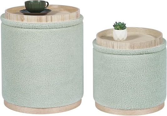 PINPLUS Round Ottoman with Storage Set of 2, Storage Ottoman with Tray, Teddy Velvet Ottoman Storage Modern Multifunctional Foot Rest Stool for Bedroom, Living Room, Dorm (Green)