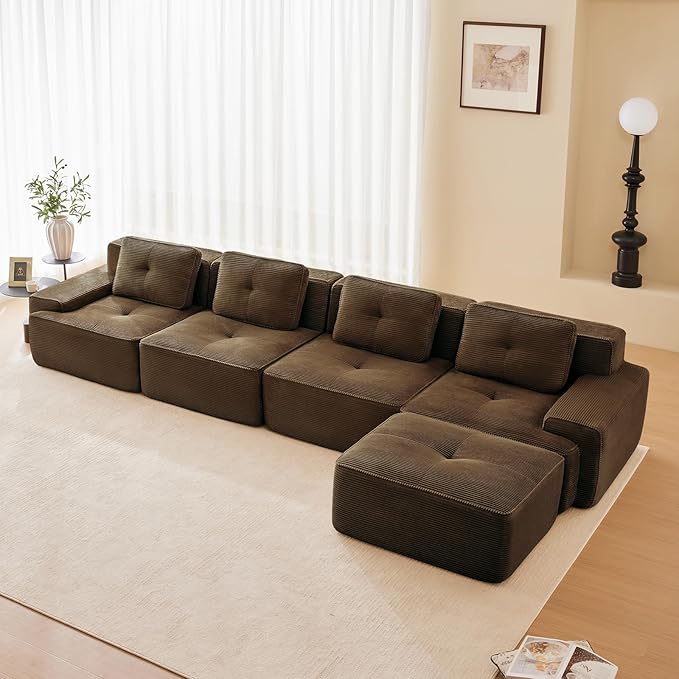 150" Modern Corduroy Cloud Sofa with Ottoman, L Shaped Boneless Modular Large Sectional Couches for Living Room, Brown 4 Seater Compressed Memory Foam Couch, Extra Deep Seat, No Assembly