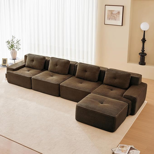 150" Modern Corduroy Cloud Sofa with Ottoman, L Shaped Boneless Modular Large Sectional Couches for Living Room, Brown 4 Seater Compressed Memory Foam Couch, Extra Deep Seat, No Assembly