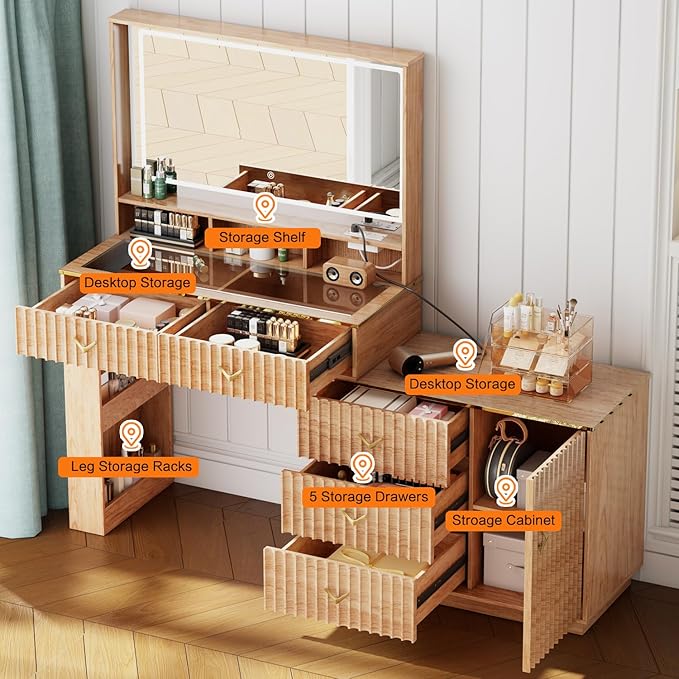 57“Makeup Vanity Desk with Mirror and Lights, Vanity Desk with 5 Drawers & Storage Shelves, Vanity Table with Power Outlet, 3 Color Modes & Adjustable Brightness Dressing Table, Bedroom,Oak