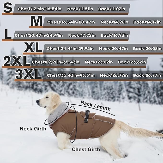 Lelepet Warm Dog Coat Reflective Fleece Vest Waterproof Dog Jacket with Adjustable Buckle Hook & Loop Windproof Cold Weather Coats for Small Medium Large Dogs, Brown, XL