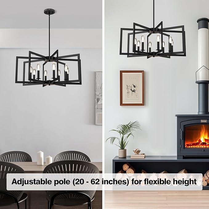 Modern Black Chandelier, 8-Light Geometric Dining Room Light Fixture, Industrial Pendant Lights Kitchen Island, Hanging Metal Farmhouse Chandeliers for Dining Room Entryway Foyer Bedroom Kitchen