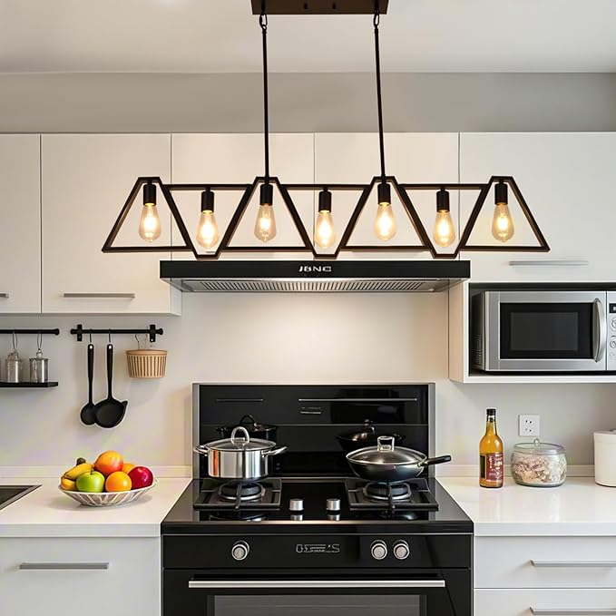 Dining Room Light Fixture, Kitchen Island Lighting with Adjustable Rods, Modern Chandelier Pendant Lamp Over Table (Black, 7 Light)