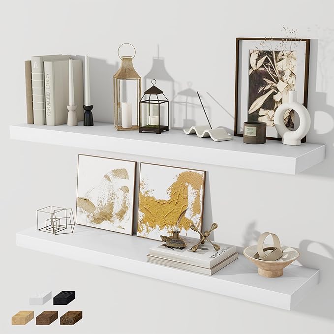 Fun Memories 40" Floating Shelves for Wall, 8 Inch Deep Floating Shelf for Books, Deep Bathroom Shelves Wall Mounted, Rustic Display Shelf for Kitchen, Bedroom, Living Room, White Color, 2 Pack