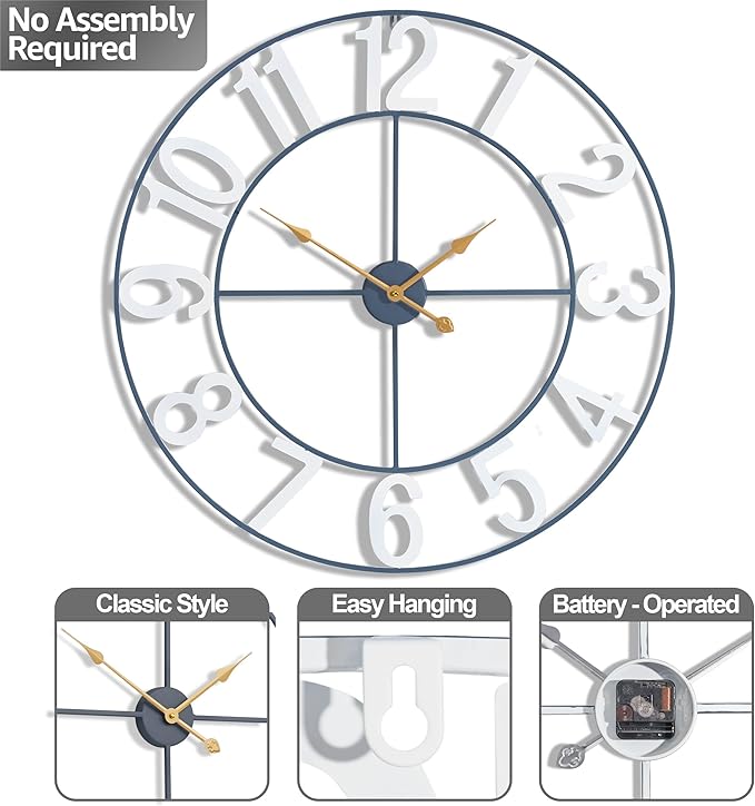 Sorbus 32-Inch Large Wall Clock – Decorative White Metal Clock with Gold Hands – Silent, Battery Operated, Modern Wall Decor for Living Room, Kitchen, or Office – Great Gift for Housewarming or Office