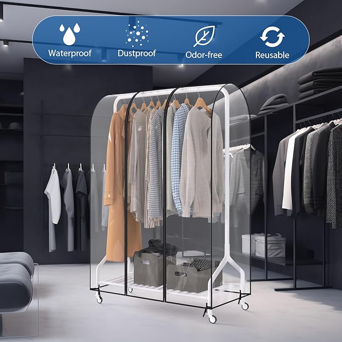 Zilink Clear Garment Rack Cover Transparent Clothes Rack Cover Waterproof Clothing Rack Cover with 2 Durable Zippers for Garment Rack (43"L x 20"W x 60"H, Rack Not Included)