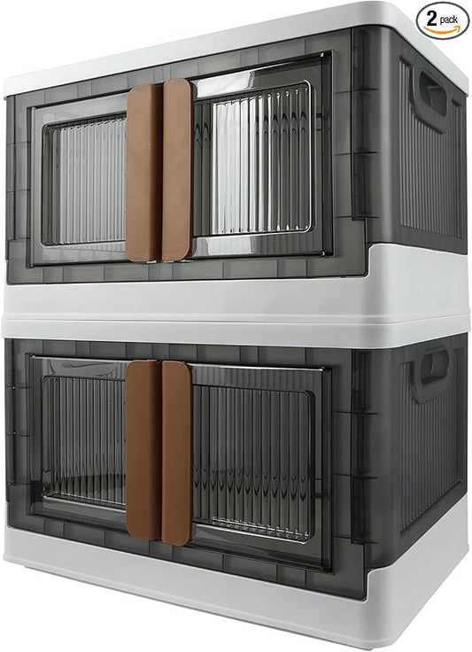 Storage Bin, Plastic Cabinet, 8.4 Gallon Capacity (32L Per One), 2 Pack, Collapsible Box with Lids, Foldable Drawer, Transparent, Organizers for Home and Office