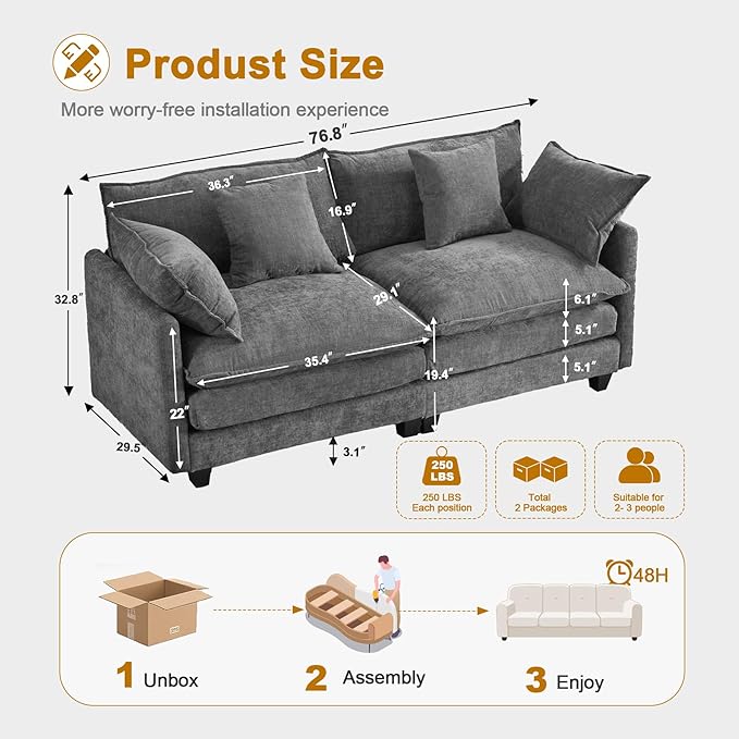 77" Cloud Sofa Loveseat & Couch｜Small 2-Seater Chenille Sectional Sofa with 29.1" Deep Seat｜FSC Certified Solid Wood & Metal Frame｜Easy Assembly & 1YR Guarantee｜ for Apartment Living Room｜Grey