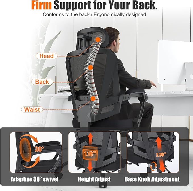 Ergonomic Office Chair with Footrest, High Back Swivel Mesh Desk Chair, Big and Tall Rolling Computer Chair with Headrest, Lumbar Support, 3-Level Tilt Backrest for Home, Bedroom, Work