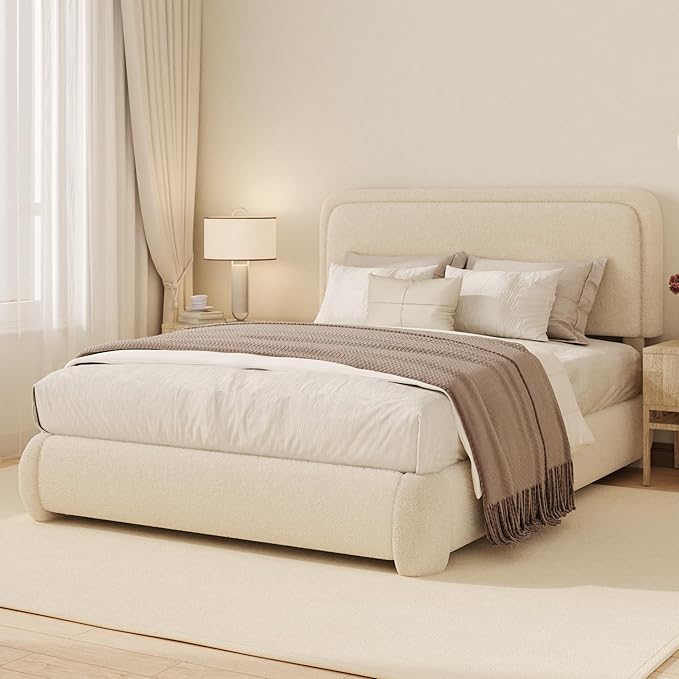 Full Boucle Platform Bed Frame with Height Adjustable Headboard, Modern Upholstered Cloud Bed, Sleek Curved Design, No Box Spring Needed, Easy Assembly, Noise Free, Beige