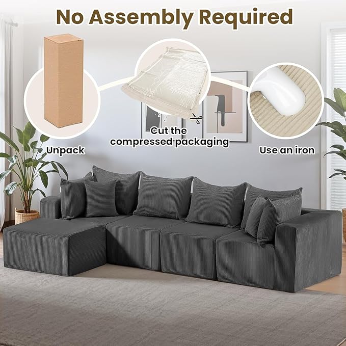Oversize 131” Boneless Couch for Living Room, Comfort L Shaped Cloud Couch Sectional, Extra Deep Seats Corduroy Modular Sectional Sofa No Assembly,Grey
