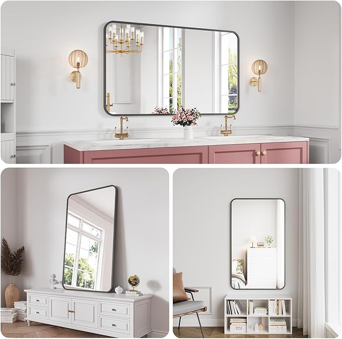 Koonmi Bathroom Mirror, 30X50 Brushed Black Rectangle Wall Mirror, HD Tempered Glass, Anti-Rust Frame Vanity Mirror, Rounded Rectangle Mirror for Restroom, Bedroom, Hangs Horizontal or Vertical