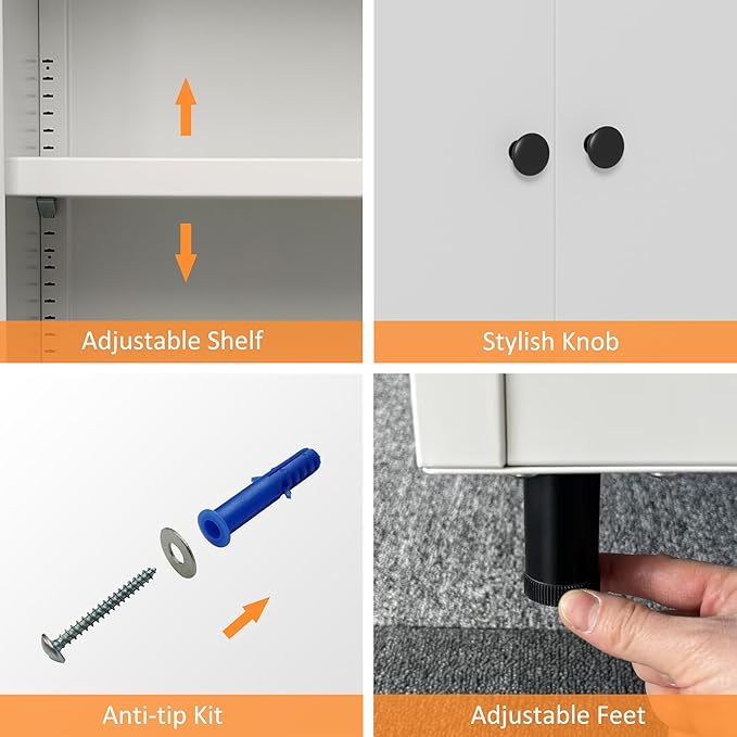 Metal Storage Cabinet with 2 Doors and Adjustable Shelf, Free Standing Accent Sideboard Buffet Cabinet for Home, Office, Entryway, Hallway, Living Room, Kitchen and Dining Room (White)