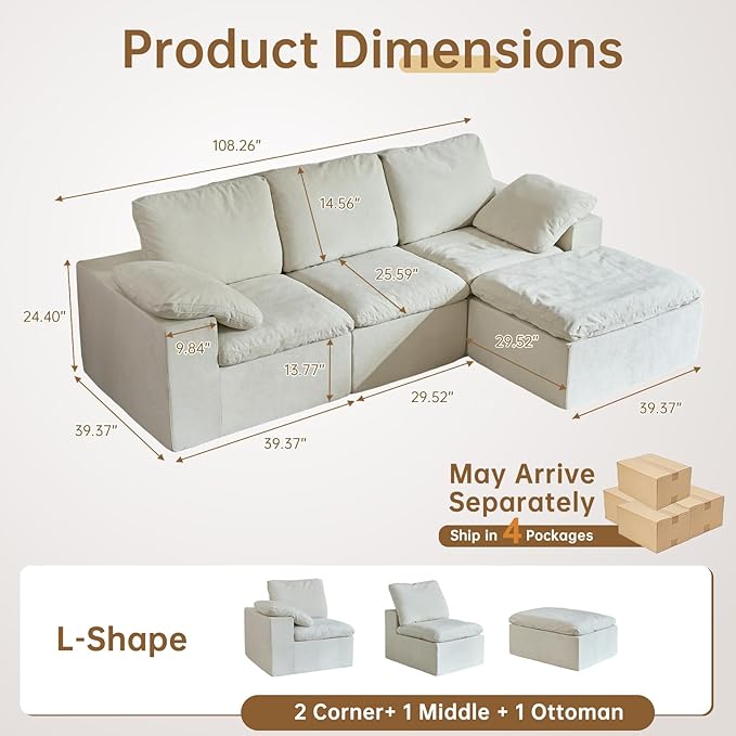 ANONER 108" Cloud Sectional Couches for Living Room, Comfy Fluffy Cloud Couch, L-Shaped Modular Sectional Sofa with Ottoman, White Beige