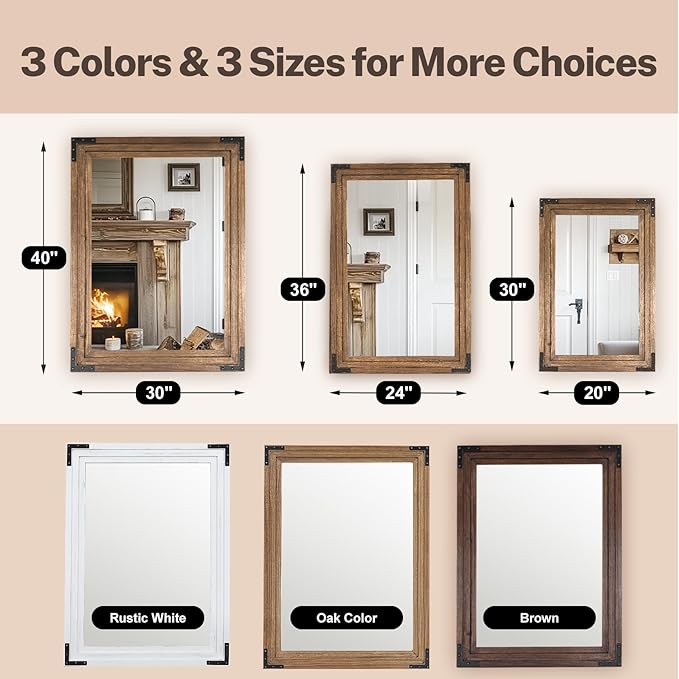 Full Length Mirror 36"x24" Solid Wood Frame Floor Standing Mirror, Hanging or Leaning Wall-Mounted for Living Room, Bedroom, Oak Color