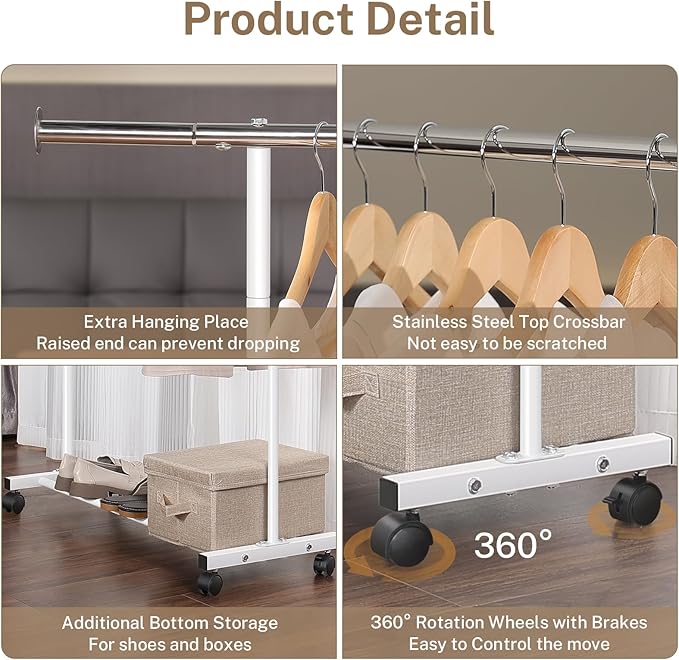 Clothes Rack, 130LB Capacity Heavy Duty Clothing Rack with Wheels and Bottom Shelf, 52.17 Inch Rolling Racks for Hanging Clothes, Coats, Shirts, Sweaters, Skirts, Dress, White