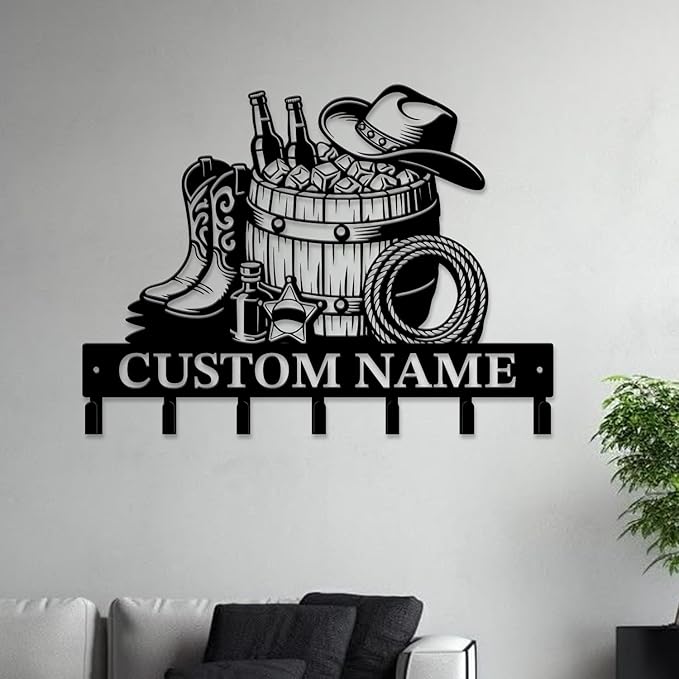 Custom Western Cowboy Metal Iron Key Hooks,Personalized Name & Text Engraving,Decor Wall Keys Holder for Home Entryway (Style J)