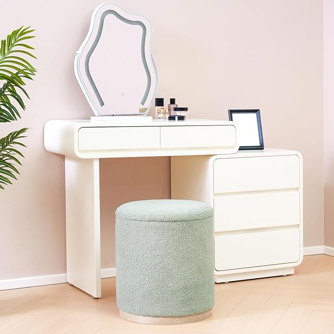 PINPLUS Round Ottoman with Storage Set of 2, Storage Ottoman with Tray, Teddy Velvet Ottoman Storage Modern Multifunctional Foot Rest Stool for Bedroom, Living Room, Dorm (Green)