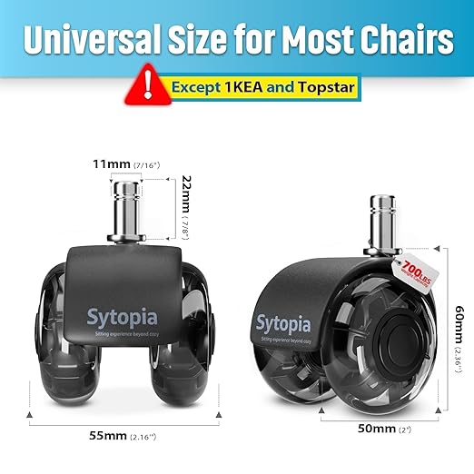 Sytopia Chair Wheels Replacement, Heavy Duty Office Chair Wheels for Hardwood Floors and Carpet, Replaces Mat Rubber Office Casters Universal Accessories Set of 5 Black