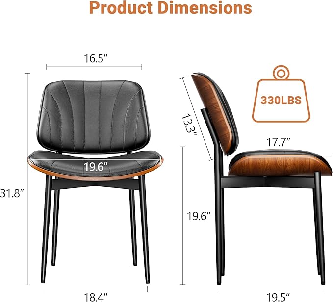 Dining Chairs Set of 6, Dining Room and Kitchen Chairs, FSC Certified Mid Century Modern Accent Chair, Upholstered PU Leather Chairs for Vanity with Walnut Bentwood and Metal Legs, Black