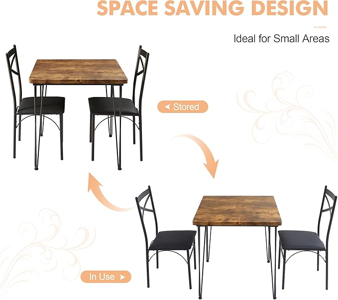 VECELO 3 Piece Dining Table Set for 2, Kitchen Table Set with 2 Chairs for Small Space, Space-Saving and Modern Design, Apartment, Easy to Assemble,Brown
