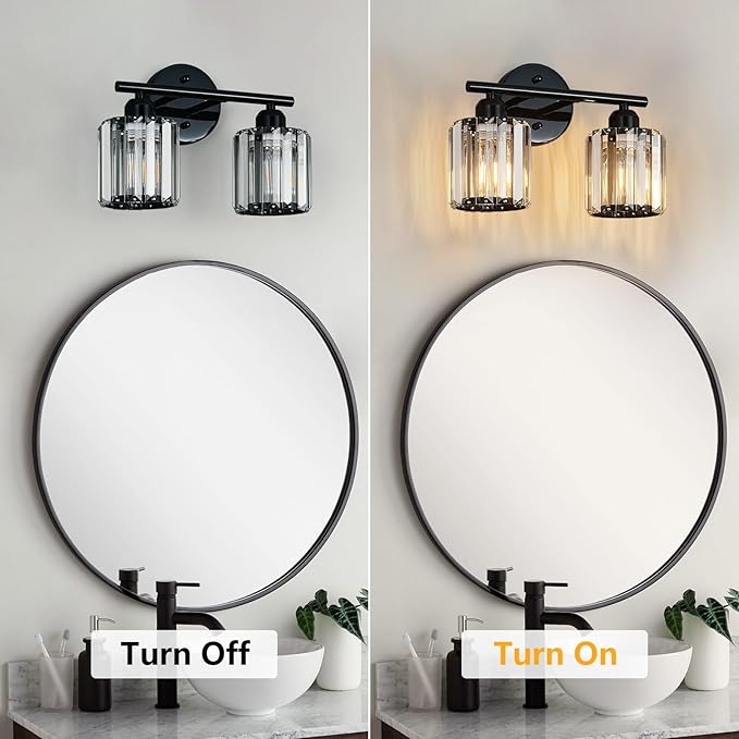 Modern 2 Light Crystal Vanity Light, Plating Black Vertical Bathroom Light Fixture Over Mirror for Dressing Table Sink, Compatible with Dimmable Bulbs (Bulbs Not Included)