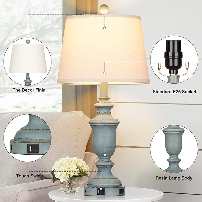 25.6" Coastal Table Lamps Set of 2 with USB C+A Ports & AC Outlet for Rustic Living Room Retro Bedroom,3-Way Dimmable Touch Lamp Bedside Lamps for Nightstand Side End Table,Retro Blue