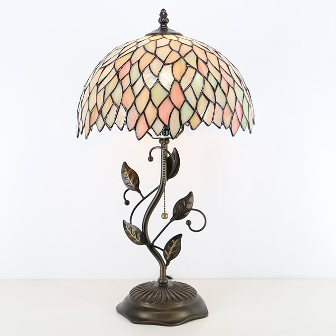 Tiffany Table Lamp, Stained Glass Style Desk Lamp, 12X12X19 Inch,Bedside Reading Light, Metal Leaf Base（Seven Color Wisteria Style