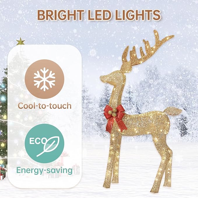 4.3 FT Outdoor Christmas Decorations Deer, 3 Pcs Family Outdoor Lighted Xmas Deer, 210 Lights 52" Buck 47" Doe 29" Fawn Large Christmas Reindeer for Garden Patio Lawn Holiday Decorations - Gold