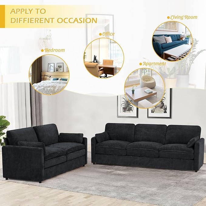 89” Chenille Sofa w/Arm Pillows, Upholstered 3-Seater Sofa w/Comfortable Back Cushions, Modern 3 Seats Couch w/High-Density Foam for Living Room, Apartment, Office, Black