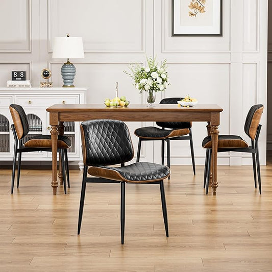 Dining Chairs Set of 4, FSC Certified Mid Century Modern Accent Dining Room and Kitchen Chairs, Upholstered PU Leather Diamond Check Chairs with Walnut Bentwood and Metal Legs, Black