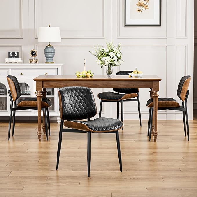 Dining Chairs Set of 8, FSC Certified Mid Century Modern Accent Dining Room and Kitchen Chairs, Upholstered PU Leather Diamond Check Chairs with Walnut Bentwood and Metal Legs, Black